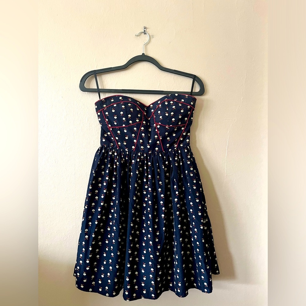 Minuet Dark Blue Red Details Cherry Print Bustier Fit & Flare Strapless Dress S